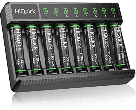 HiQuick Rechargeable AAA Batteries (8 Pack), 1.2V Ni-MH Low Self Discharge & Pre-Charged 1100Mah AAA Batteries with 8 Bay Smart Battery Charger for AA/AAA Ni-MH/NiCD Rechargeable Batteries
