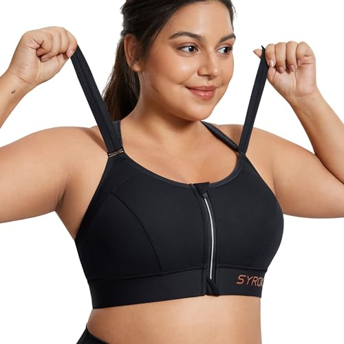 SYROKAN Soutien Gorge Femme Sport sans Armature Grande Taille Maintien Extreme à Impact Élevé Zipper Avant Bretelles Réglables Noir 95E