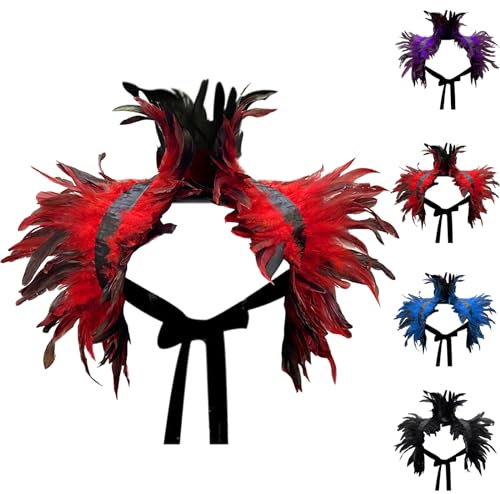 Feder Achselzucken Schalkragen, Halskette Halloween Kostüm Epauletten, Umhang Schwarz Kostüm Damen Feder Umhang Cape, Federboa Feder Schal Gothic für Halloween Cosplay Verkleidung (Rot)