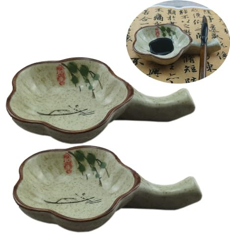 Lot de 2 récipients à encrier multifonctions en porcelaine faits à la main avec porte-pinceau pour la calligraphie chinoise et japonaise
