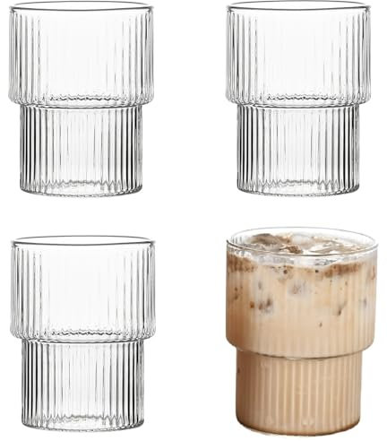 4er Set Geriffelte Gläser Kaffeegläser Wassergläser, Vintage Gerippte Cocktailgläser Trinkgläser Eiskaffee Gläser Latte Gläser, Origami-Stil Longdrinkgläser Für Milch/ Eiskaffee/ Whisky/ Tee (300ML)