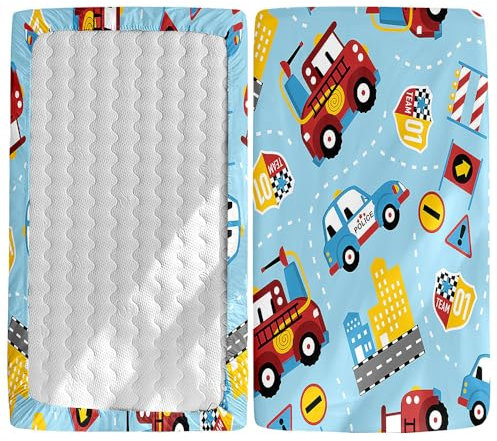 Odot Spannbettlaken für Kinderbett Babybett, Spannbetttuch aus Mikrofaser Atmungsaktiv Bettlaken Bassinet Spannbettlaken Kinderwagen Stubenwagen Matratzenschoner -Blaues Auto, 80x160cm