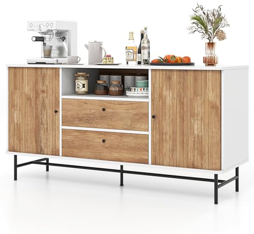 GIANTEX Buffet Bas pour Salon, Cuisine, TV - Portes Coulissantes, 2 Tiroirs, Pieds en Métal - Protection Anti-Basculement - 150 x 45 x 74 cm