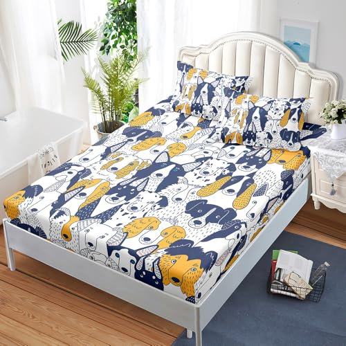 Spannbettlaken 180x200cm Gelber Blauer Hund Bettlaken 180x200 Polyester Spannbettlaken 180x200 Betttuch 180x200 Atmungsaktiv Spannleintuch 180x200 Knitterfrei Spannbetttuch 180x200 30cm Tiefe