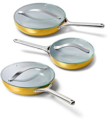 Caraway Ceramic Nonstick Fry Pan Set with Glass Lids – Includes Two 10.5” Fry Pans, One 8” Fry Pan, & Three Lids - Non Toxic, PTFE & PFOA Free - Oven Safe & Compatible with All Stovetops - Marigold
