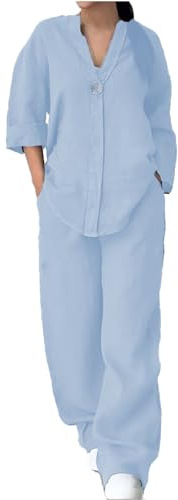 Completi Donna Sportiva Leggeri Estiva Completo Elegante Casual Curvy Tute Camicia e Pantalone Larghi Tuta in Lino Due Pezzi Oversize Cotone e Lino da Spiaggia Completi Cotone Taglie Forti Mare
