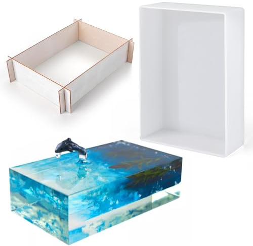 Waitamo Large Rectangle Resin Moulds Silicone Deep Epoxy Mold with Wooden Frame Support for DIY Flower Preservation, Bookends, Home Decor Art and Craft Projects (7.5x5.2x1.9in)