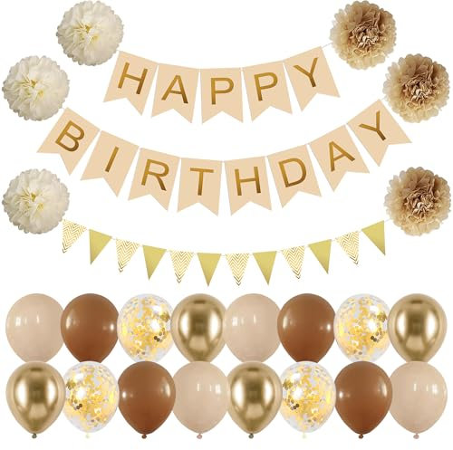 Luftballons Geburtstag Dekoration, Khaki Beige Geburtstagsdeko, Happy Birthday Deko Banner, Pompons, Dreieck Flagge, Luftballons Konfetti Ballons für Geburtstagsdeko Männer Frau