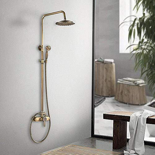Antik mässing badrum duschsystem väggmonterad 20 cm regn duschhuvud med handdusch spruta badrum mixer enhand duschkran, YASAKUE
