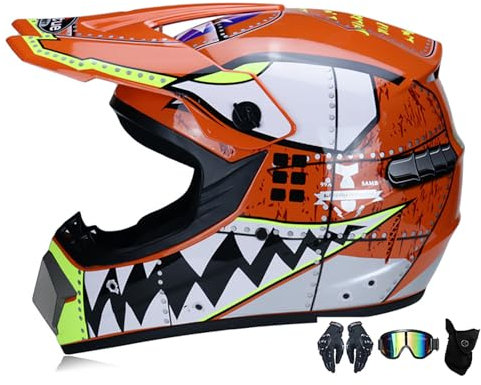 WMDMJT Casque De Motocross Intégral, Casque Moto Cross Off-Road pour Moto, Vélo Tout-Terrain, ATV, BMX, VTT, Quad, avec Lunettes, Gants Et Masque,Orange-XXL