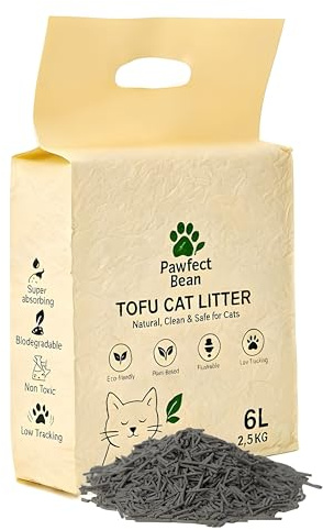 Pawfect Bean Premium Tofu Cat Litter – Charcoal Infused, 100% Plant-Based, Superior Odour Control, Dust-Free & Low Tracking, Rapid Clumping, Ultra Absorbent, Biodegradable & Flushable (6L/2.5kg)
