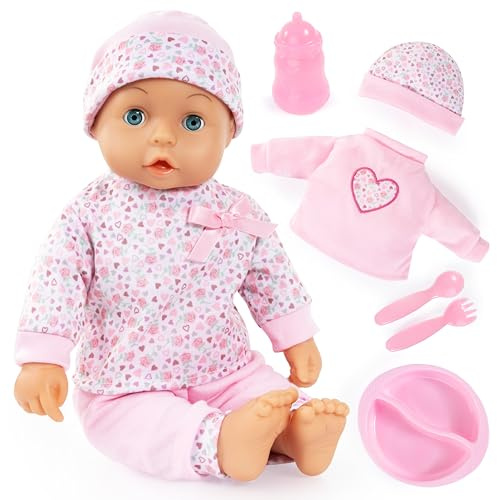 Bayer Design Babydocka 36 cm, Mjuk kropp, Sovande ögon, Extra kläder | Tillbehör: bestick, tallrik, flaska