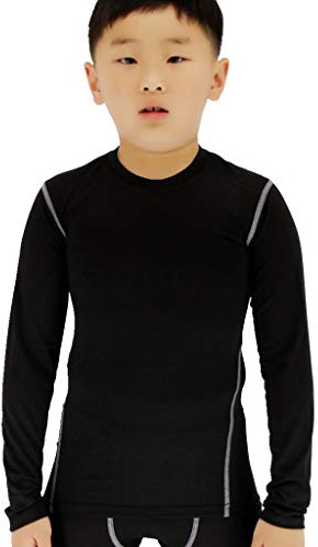 Kids Wicking Base Layer Boys Compression Top Long Sleeve T Shirts for Football Baseball Hockey Training, Black, 12