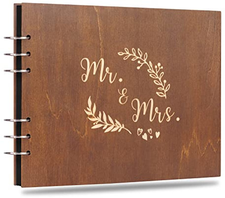 Creawoo 22cm Mr&Mrs Album Livre d'or en Bois pour Anniversaire de Mariage avec 80 Pages Vierges en Carton Noir - Disponible au Moins 160 Images