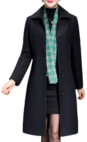 Flygo Women's Casual Single-breasted Wool Trench Jacket Winter Long Walking Coat (Black, Medium)