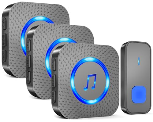 SURFOU Wireless Doorbell with 3 Receivers 1 Button,IP55 Waterproof Doorbell,1300 FT/400M Remote Doorbell,55 Chimes 5 Volume,Colorful LED Flashing,110 db Loud Volume,For Home/Classroom