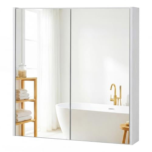 COSTWAY Bathroom Mirror Cabinet, Wall Mounted Storage Cupboard with Shelf, Home Kitchen Living Room Display Organiser Unit (Double Door, White)