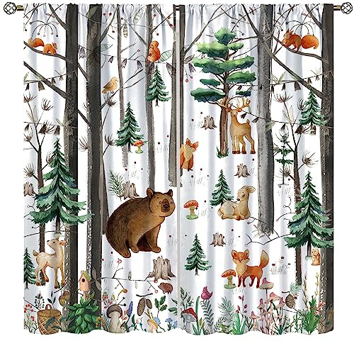 YCness Kid Forest Woodland Animal Fox Elk Bear Watercolor Print Curtains for Nursery Bedroom Living Room, Rustic Wild Animal Window Drapes 2 Panel Set, 42x45 Inch