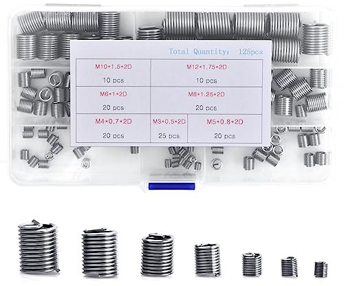 125 Piezas M3 M4 M5 M6 M8 M10 M12 Helicoil Insertos de Rosca en Espiral, Reparación de Rosca de Alambre de 304 Acero Inoxidable, Insertos Roscados, Reparación Insertos de Rosca de Helicoil Tornillo