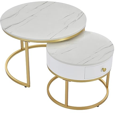 BTM Round Coffee Tables with drawer, Removable Set of 2 End Table, Nesting Tables with Storage, Marble Pattern (non-rock slab) Top for Living Room, Bedroom, Office (White, drawer)