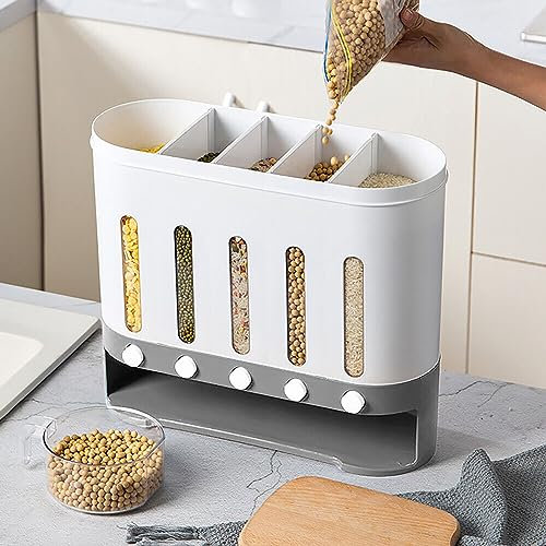 NaMaSyo Müslidispenser, torrfoderbehållare, 5 rutnät, 10 l, väggmonterad, spannmålsdispenser, torrfoder, livsmedelsdispenser för förvaring av spannmålsmjöl, ris, köksnära