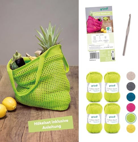Gründl Wolle Cotton Quick uni - dünne Wolle zum Häkeln - Häkelgarn für ein Einkaufsnetz mit Anleitung und Nadel - Glänzend und hautfreundlich - 100% Baumwolle - 4 Knäuel 50 g / 125 m - Hellgrün