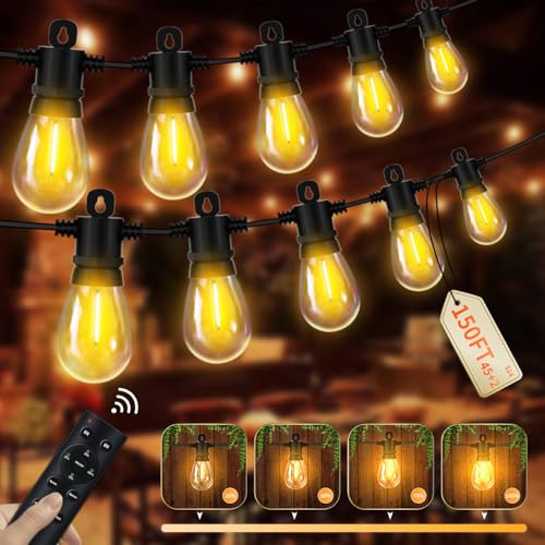 Pogestrand Guirnalda Luminosa Exterior,Luces de Bodas Exterior 24V con Mando a Distancia 45M/150FT 45+2 Bombillas LED Irrompibles S14 Impermeables IP65 Luz Cálida (2700K) para Patio, Jardín, Fiestas