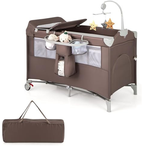 COSTWAY 5 in 1 Beistellbett klappbar, Reisebett mit Matratze, 2 Ebene Babybett mit Rollen, Spielbogen & Wickelauflage, Stubenwagen mit Tragetasche für Baby bis 3 Jahren (Braun)