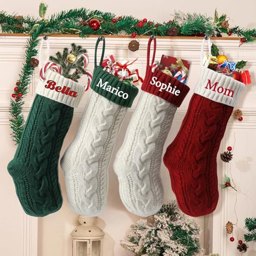 JONZIN Personalisierte Weihnachtsstrümpfe - Benutzerdefinierte Nikolausstrumpf mit Namen Familie, Große Bestickt Name Strumpf, Gestrickt Hängenden Strümpfe Weihnachten Urlaub Dekoration (Stil C)