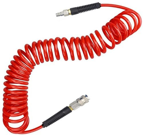Air Compressor Hose，Air Line Hose, Pu Coiled 7.5m Long 6mm ID x 9.5mm OD with Bend Restrictor, 1/4 Europe Quick Coupler and Bend Restrictors