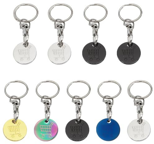 TRKETK 9 Pezzi Gettone Carrello Spesa, Portachiavi a Moneta Per Carrello Chiavi del Carrello Gettoni Carrello Spesa Moneta Portachiavi Gettone Rimovibile Token in Acciaio Inox per Carrello (5 Colori)