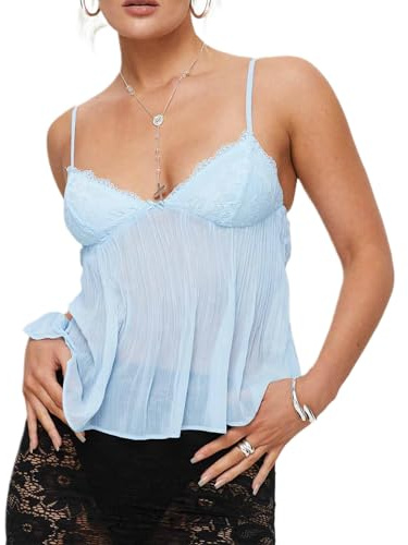 Nicoxijia Women Y2k Spaghetti Strap Camisole Crop Top Mesh See Through Slim Fit Tank Top Going Out Shirt Vest Tops Streetwear (Blue, S)