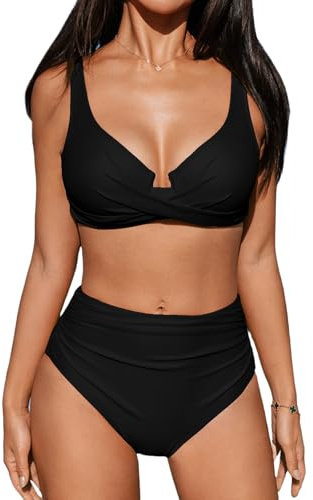 CUPSHE Ensemble de bikini pour femme taille haute Maillot de bain à armatures Bretelles réglables à crochet Torsion Couverture complète au bas, noir, Taille M