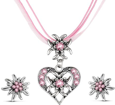 jatimdotin Schmuck Set, Herzkette und Ohrringe, Trachtenschmuck Set Bayerisch Dirndlschmuck Strass Edelweiß Herz Anhänger und Edelweiß Ohrstecker, Schmuck Set für Ethnische Festival Accessoires