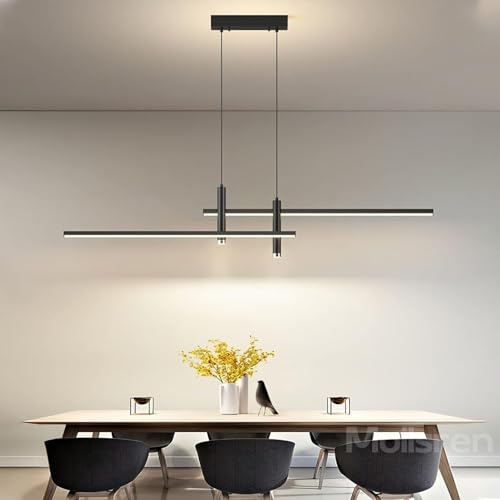 Moilsren Lámpara Colgante LED Moderna, Lampara Colgante Isla Cocina, Regulable con Control Remoto Candeeiro Suspenso, Lamparas Mesa Comedor Negro, lineal diseño para Cocina Oficina (Negro, L90cm)