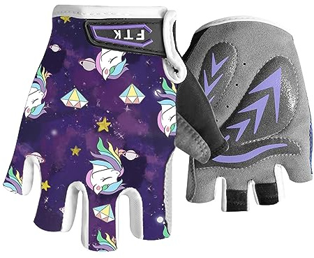 AXKAL Cycling Gloves Kids Boys Girls Half Finger Fingerless Grip Value Pair, Road Mountain Bike Glove Durable Soft Comfortable Boy Girl For Outdoor Sport Color Pink Blue Green (Amethyst, XL)