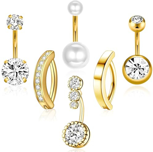 HaoHanEup 6Pcs Belly Button Bars Set, Hypoallergenic Steel Belly Button Rings with Pearls & Diamonds, Elegant Body Jewellery for Women, Navel Piercing Belly Bar Collection