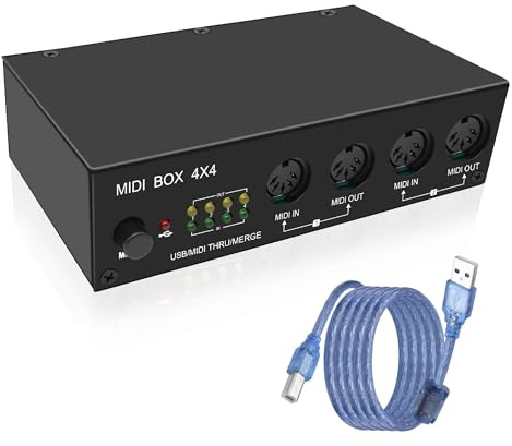 XMSJSIY USB MIDI Interface Box 4 In 4 Out 64 Canali MIDI Thru Box 4 * 4 Converter con Router Unire Splitter Thru Hub con indicatori LED per PC Mac e strumenti MIDI USB