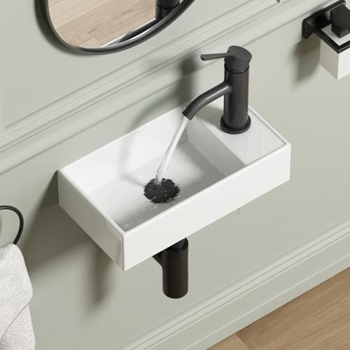 Wall Mount Bathroom Sink, QISHKA 16.1 x 8.5 Modern Ceramic Rectangular Floating Sink, White Rectangle Wall Hung Wash Basin Vessel Sink, Save Space for Bathrooms (Right Hand)