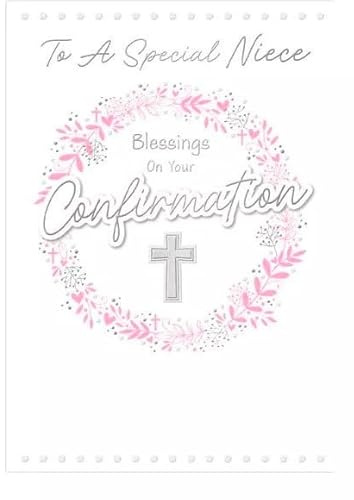 Confirmation Card for Niece with Pink Floral Wreath and Cross Design, Religious Blessing Message, 13 x 19 cm