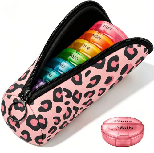 Portable Round Pill Box with Zipper Pouch, Blush Leopard Travel Pill Organiser for Tablets, Vitamins, Capsules and Supplements, Compact Medicine Case
