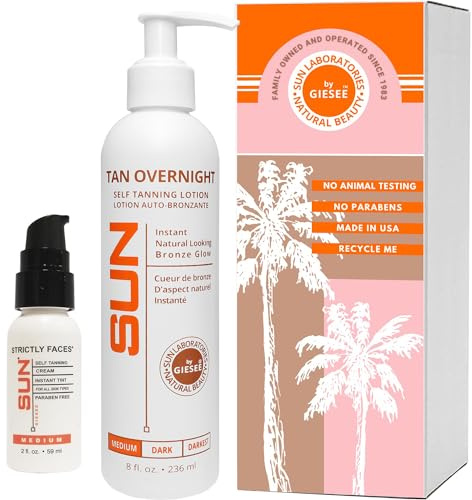 Sun Laboratories By Giesee Self Tanning Kit with 8 oz Tan Overnight Self Tanning Lotion and 2 oz Sunless Tanning Face Cream - Odorless, Non-Toxic Self Tanner for Fair to Medium Skin