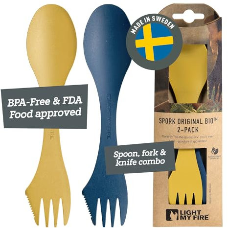 Light My Fire Spork Original - Fourchette Cuillère de Camping - Couvert de Camping 3-en-1 - Couteau et Fourchette-Cuillère réutilisables - Couvert Multi Fonction sans BPA - Lot de 2, Yellow/Blue