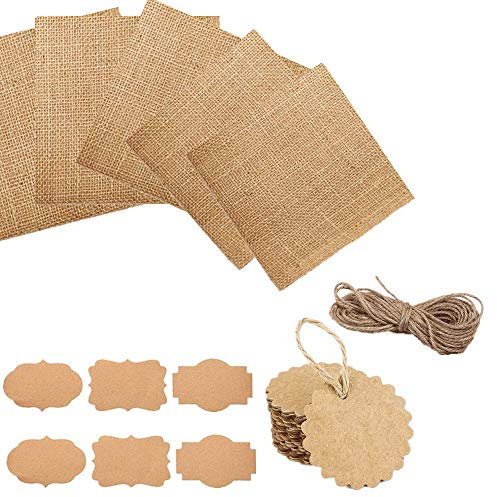 Super Idee 50 Marmeladendeckchen 15 cm x 15 cm aus Jute Stoff Dekodeckchen Gläserdeckchen Topping mit Kordel Aufkleber und Anhänger Verzierung für Einmachgläser Marmeladengläser Weihnachten Hochzeit