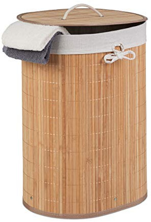 Relaxdays Wäschekorb Bambus, oval, 46 l, faltbar, Wäschesammler mit Deckel, Bad & Schlafzimmer, HBT: 55x42x32cm, Natur