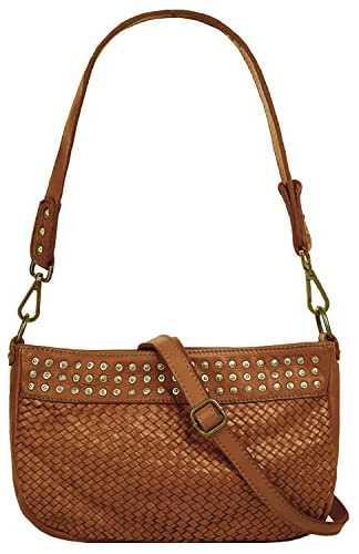 Samantha Look Umhängetasche Echt Leder Damen Made in Italy | Crossbody mit Flechtoptik | Abendtasche mit Nietenverzierung | wandelbare Partytasche cognac 021381