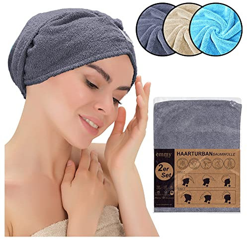 Emmy Home Haarturban, 100% Baumwolle 2 Stück Haartuch schnelltrocknend, Turban Handtuch mit Knopf, Handtuch für Kopf und Lange Haar, Turban Haartrockentuch (2er Set Ant)
