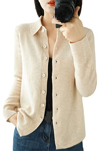Alloaone - Maglione in cashmere da donna, cardigan in cashmere, maglione cardigan, Beige, L