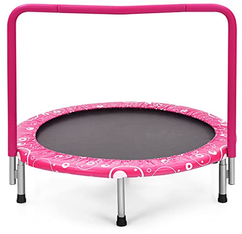 GYMAX Trampoline Pliable pour Enfants ∅92 - Mini Trampoline Extérieur et Intérieur avec Housse de Sécurité Rembourrée et Poignée Couverte, Charge 150 KG (Rose)