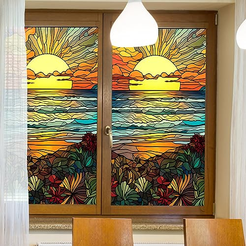 Hodeffior Reusable Seaside Sun Window Film UV Protection Anti Glare Heat Control Energy Saving Stained Glass Window Film 60 x 100cm One